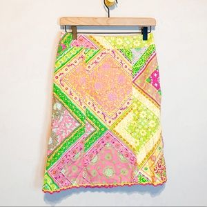 Nanette Lepore Pink Green Yellow Paisley Colorblock patchwork Skirt Size 2